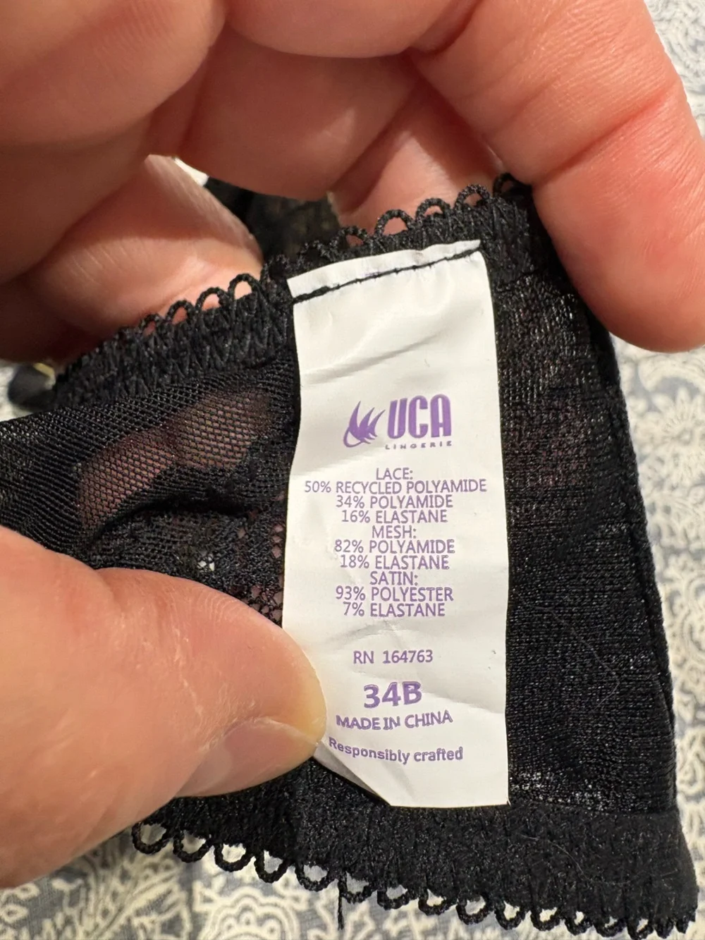 NWT UCA lingerie black lace bra 34B